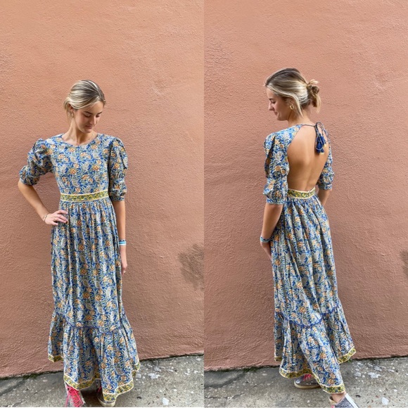 Madison Mathews Dresses & Skirts - Madison Mathews Perrin Open Back Dress Sz M Blockprint Block Print
